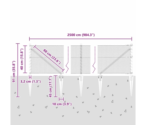 Žogs Ar Stabiem Pelēka 0.4 X 25 M Pvc Pārklāts Tērauds Vidaxl