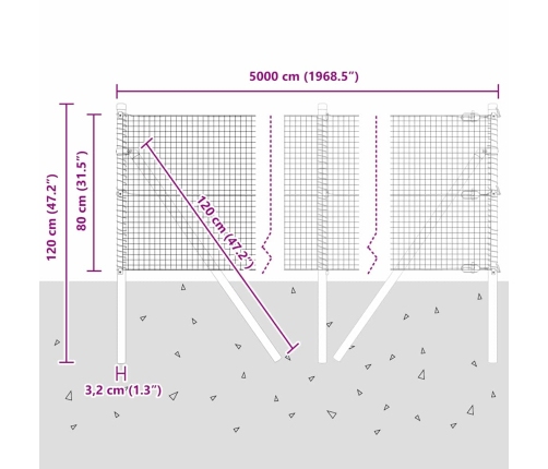 Žogs Ar Stabiem Pelēka 0.8 X 50 M Pulverkrāsots Cinkots Tērauds Vidaxl