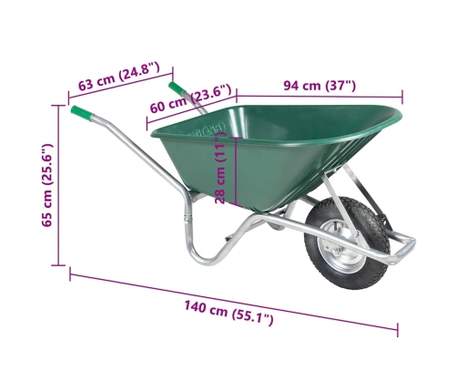 Wheelbarrow Green 90 L 150 Kg Cinkots Tērauds Un Plastmasa Vidaxl