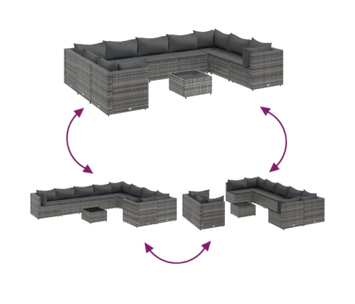 vidaXL 10-daļīgs dārza dīvāna komplekts ar matračiem, pelēks PE pinums