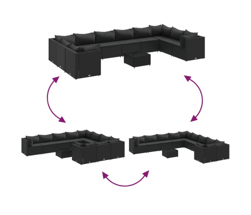 vidaXL 11-daļīgs dārza dīvāna komplekts, matrači, melna PE rotangpalma
