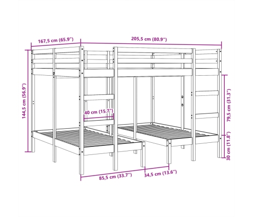 vidaXL trīsstāvu gulta, 160x200/80x160 cm, priedes masīvkoks