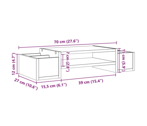 vidaXL monitora paliktnis ar plauktu, betona pelēks, 70x27x15 cm