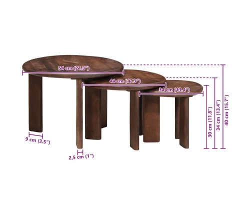 Viens Zem Otra Novietojami Galdi 3 Pcs Cieta Mango Koksne Vidaxl