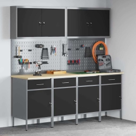 10 Daļu Darba Skapja Un Naglu Dēļu Komplekts Melnā Mdf Un Metālā Vidaxl