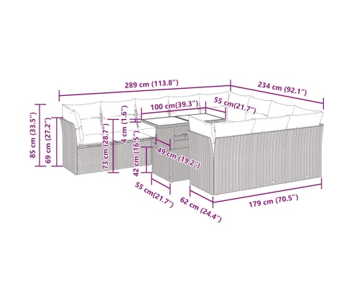 vidaXL 11-daļīgs dārza dīvāna komplekts ar matračiem, pelēks PE pinums