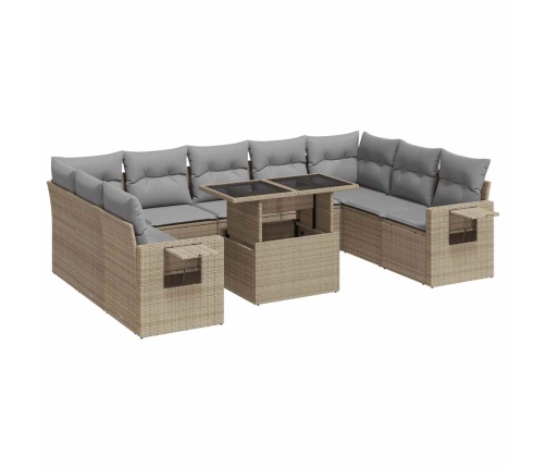 vidaXL 10-daļīgs dārza dīvāna komplekts, matrači, bēša PE rotangpalma