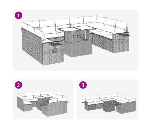 vidaXL 10-daļīgs dārza dīvāna komplekts ar matračiem, pelēka PE pinums