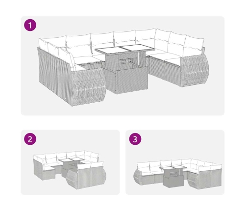 vidaXL 10-daļīgs dārza dīvāna komplekts ar matračiem, pelēks PE pinums