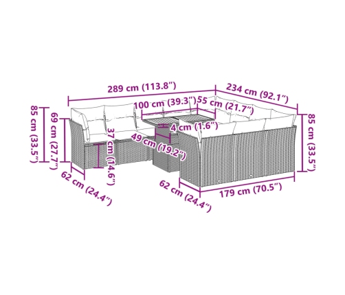 vidaXL 11-daļīgs dārza dīvāna komplekts, matrači, melna PE rotangpalma