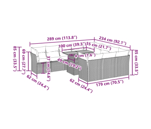 vidaXL 11-daļīgs dārza dīvāna komplekts ar matračiem, pelēks PE pinums