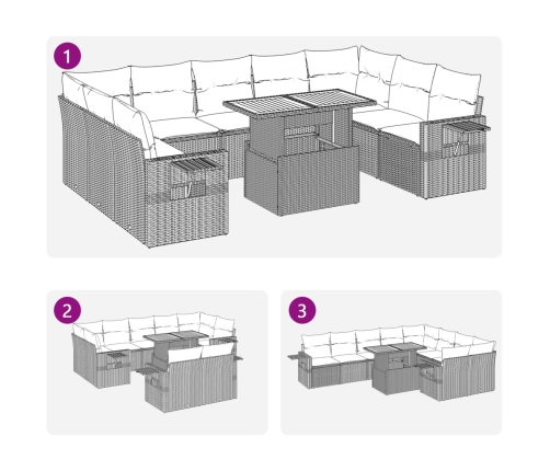 vidaXL 10-daļīgs dārza dīvāna komplekts, matrači, melna PE rotangpalma