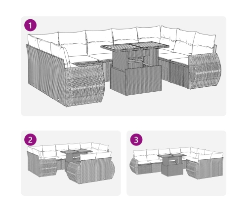 vidaXL 10-daļīgs dārza dīvāna komplekts, matrači, bēša PE rotangpalma