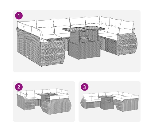 vidaXL 10-daļīgs dārza dīvāna komplekts, matrači, bēša PE rotangpalma