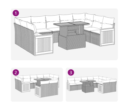 vidaXL 10-daļīgs dārza dīvāna komplekts, matrači, melna PE rotangpalma