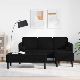 Vidaxl Dārza Dīvāns Ar Solu Un Spilveniem L-Veida Melns Samts, Vidaxl 3-Vietīgs Dīvāns Ar Chaise L-Veida Melns 160 Cm Samts,  Sola Melnā 113X57X39 Cm Samts Vidaxl