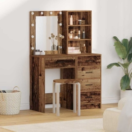 2 Daļu Tualetes Galda Komplekts Ar Led Veca Koka Inženierijas Koku Vidaxl
