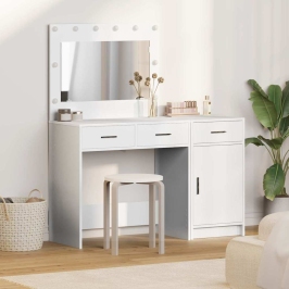 2 Gabalu Tualetes Galda Komplekts Ar Led Balta Inženierijas Koka Vidaxl