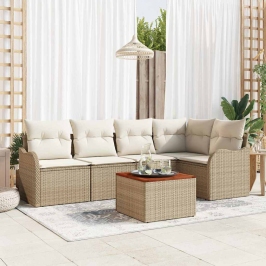 Vidaxl 6 Gab. Dārza Dīvāna Komplekts Ar Spilveniem Bēšs Poli Rattan Akācija, Vidaxl 2-Vietīgs Dārza Dīvāns Ar Spilveniem Bēšs Poli Rattan