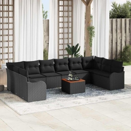 Vidaxl 11 Elementu Dārza Dīvānu Komplekts Ar Spilveniem Melnā Poli Rotangpalmas Un Akācijas,  2-Vietīgs Dārza Dīvāns Ar Spilveniem Melnā Poli Rotangpalmas Vidaxl