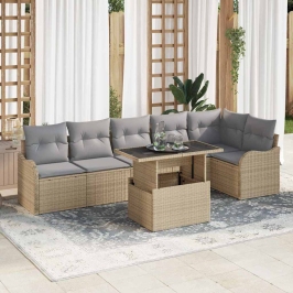 Vidaxl 7 Gabalu Dārza Dīvānu Komplekts Ar Spilveniem Bēšā Poli Rotangpalmā,  2 Vietīgs Dārza Dīvāns Ar Spilveniem Bēšā Poli Rotangpalmā Vidaxl