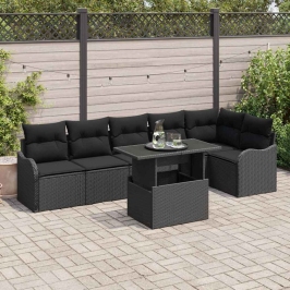 Vidaxl 7 Daļu Dārza Sofas Komplekts Ar Spilveniem Melnā Polietilēna Rotangpalmas,  2-Vietīga Dārza Sofa Ar Spilveniem Melnā Polietilēna Rotangpalmas Vidaxl