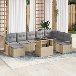 Vidaxl 9 Daļu Dārza Dīvānu Komplekts Ar Spilveniem Bēšā Poli Rotangpalma,  2-Vietīgs Dārza Dīvāns Ar Spilveniem Bēšā Poli Rotangpalma Vidaxl