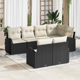 Vidaxl 7 Daļu Dārza Dīvānu Komplekts Ar Spilveniem Melns Poly Rattan,  2-Sēdvietu Dārza Dīvāns Ar Uzglabāšanu Un Spilveniem Melns Poly Rattan Vidaxl