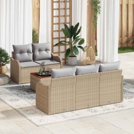 Vidaxl 6 Daļu Dārza Dīvānu Komplekts Ar Spilveniem Bēšs Poli Rattan Akācija,  2-Vietīgs Dārza Dīvāns Ar Glabātuvi Un Spilveniem Bēšs Poli Rattan Vidaxl