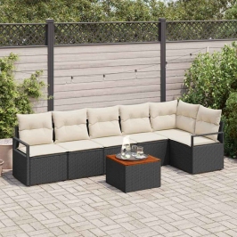 Vidaxl 7 Gabalu Dārza Dīvānu Komplekts Ar Spilveniem Melnā Poli Rattan Akācijā,  2 Sēdvietu Dārza Dīvāns Ar Uzglabāšanu Un Spilveniem Melnā Poli Rattan Vidaxl