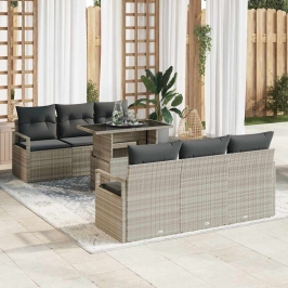 Vidaxl 7 Daļu Dārza Dīvānu Komplekts Ar Spilveniem Gaiši Pelēks Poli Rattan,  2-Vietīgs Dārza Dīvāns Ar Uzglabāšanu Un Spilveniem Pelēks Poli Rattan Vidaxl