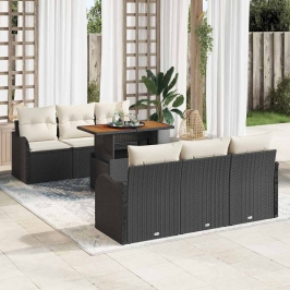 Vidaxl 7 Gabalu Dārza Sofa Komplekts Ar Spilveniem Melns Poli Rotangpalma,  2-Vietīgā Dārza Sofa Ar Uzglabāšanu Un Spilveniem Melns Poli Rotangpalma Vidaxl