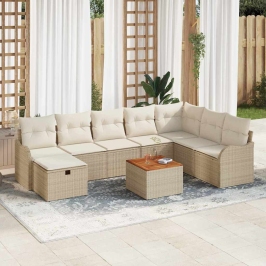 Vidaxl 9 Daļu Dārza Dīvānu Komplekts Ar Spilveniem, Bēšā Poli Rattan,  2-Sēdvietu Dārza Dīvāns Ar Spilveniem, Bēšā Poli Rattan Vidaxl