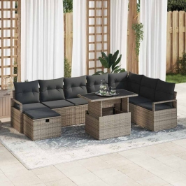 Vidaxl 9 Daļu Dārza Dīvānu Komplekts Ar Spilveniem Pelēks Polietilēna Rotangpalma,  2-Vietīgs Dārza Dīvāns Ar Spilveniem Pelēks Polietilēna Rotangpalma Vidaxl