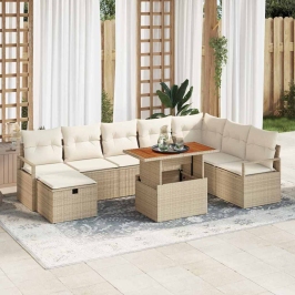 Vidaxl 9 Daļu Dārza Dīvānu Komplekts Ar Spilveniem Bēšā Poli Rattan,  2-Vietīgs Dārza Dīvāns Ar Spilveniem Bēšā Poli Rattan Vidaxl
