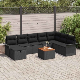 Vidaxl 9 Daļu Dārza Sofa Komplekts Ar Spilveniem Melna Poli Rattana,  2-Sēdpievienota Dārza Sofa Ar Glabātuvi Un Spilveniem Melna Poli Rattana Vidaxl