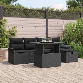Vidaxl 6 Daļu Dārza Sofa Komplekts Ar Spilveniem Melns Poli Rotangpalma,  2-Vietīga Dārza Sofa Ar Uzglabāšanu Un Spilveniem Melns Poli Rotangpalma Vidaxl