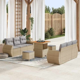 Vidaxl 9 Daļu Dārza Sofa Komplekts Ar Spilventiņiem Bēšs Poli Rotangpalmas Akācija,  3 Daļu Dārza Ēdnīcas Komplekts Ar Spilventiņiem Bēšs Poli Rotangpalmas Akācija Vidaxl