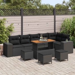 Vidaxl 10 Daļu Dārza Dīvānu Komplekts Ar Spilveniem Melnā Poli Rattan,  4 Daļu Dārza Ēdamgalds Ar Spilveniem Melnā Poli Rattan Vidaxl