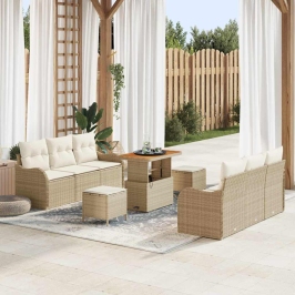 Vidaxl 9 Daļu Dārza Dīvānu Komplekts Ar Spilveniem Bēšs Poli Rattan Akācija, Vidaxl 2-Vietīgs Dārza Dīvāns Ar Spilveniem Bēšs Poli Rattan,  3 Daļu Dārza Ēdamgalda Komplekts Ar Spilveniem Bēšs Poli Rattan Akācija Vidaxl