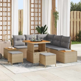 Vidaxl 8 Gabalu Dārza Dīvānu Komplekts Ar Spilveniem Bēšā Poli Rattan Akācijā,  3 Gabalu Dārza Ēdamgalds Ar Spilveniem Bēšā Poli Rattan Akācijā Vidaxl