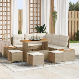 Vidaxl 9 Daļu Dārza Dīvānu Komplekts Ar Spilveniem Bēšs Polyrattan Akācija,  4 Daļu Dārza Ēdamgalds Ar Spilveniem Bēšs Polyrattan Akācija Vidaxl