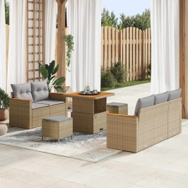 Vidaxl 8 Daļu Dārza Dīvānu Komplekts Ar Spilveniem Bēša Poli Rattan Un Akāciju,  3 Daļu Dārza Ēdamgadījumu Komplekts Ar Spilveniem Bēša Poli Rattan Un Akāciju Vidaxl