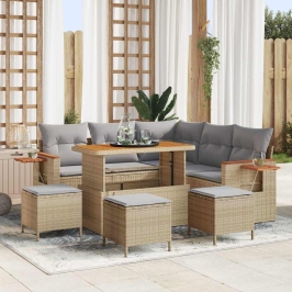 Vidaxl 9 Daļu Dārza Dīvānu Komplekts Ar Spilveniem Bēšs Poli Rattan Akācija,  4 Daļu Dārza Ēdamgalda Komplekts Ar Spilveniem Bēšs Poli Rattan Akācija Vidaxl