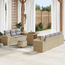Vidaxl 10 Gabalu Dārza Dīvānu Komplekts Ar Spilveniem Bēšs Poli Rattan Akācija,  3 Gabalu Dārza Ēdamgalds Ar Spilveniem Bēšs Poli Rattan Akācija Vidaxl