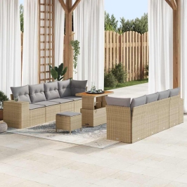 Vidaxl 11 Daļīgs Dārza Dīvānu Komplekts Ar Spilveniem Bēša Poli Rattan Akācija,  3 Daļīgs Dārza Ēdamistabas Komplekts Ar Spilveniem Bēša Poli Rattan Akācija Vidaxl