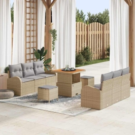 Vidaxl 9 Gab. Dārza Dīvānu Komplekts Ar Spilveniem Bēšs Polietilēna Rotangpalma Akācija, Vidaxl 2-Sēdvietu Dārza Dīvāns Ar Uzglabāšanu Un Spilveniem Bēšs Polietilēna Rotangpalma,  3 Gab. Dārza Ēdamgalda Komplekts Ar Spilveniem Bēšs Polietilēna Rotangpalma