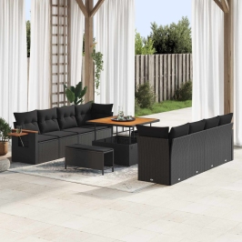 Vidaxl 11 Gabalu Dārza Dīvānu Komplekts Ar Spilveniem Melnā Poliratanā,  3 Gabalu Dārza Ēdamgalds Ar Spilveniem Melnā Poliratanā Vidaxl