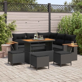 Vidaxl 9 Daļu Dārza Dīvānu Komplekts Ar Spilveniem Melnā Poli Rattan Akācijā,  4 Daļu Dārza Ēdamistabas Komplekts Ar Spilveniem Melnā Poli Rattan Akācijā Vidaxl