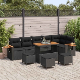 Vidaxl 10 Priekšmetu Dārza Dīvānu Komplekts Ar Spilveniem Melnā Poli Rattan Akācijā,  4 Priekšmetu Dārza Ēdamgalds Ar Spilveniem Melnā Poli Rattan Akācijā Vidaxl